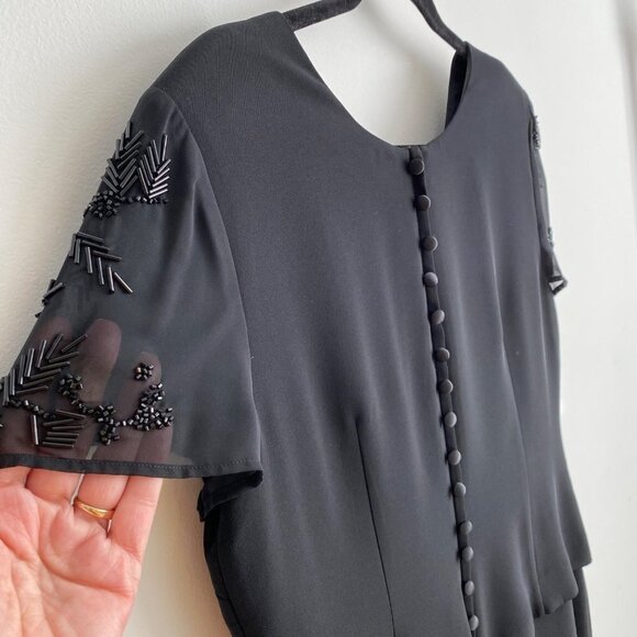 Donna Morgan Womens Formal Short Sleeve Beaded Midi Dress Size 14P Black Shoulde - Picture 6 of 12